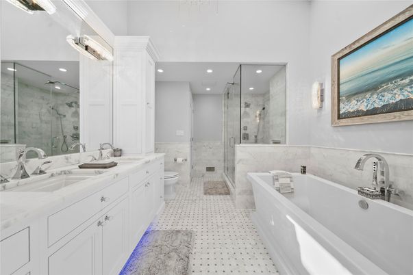 Bathroom, Dual Sink Vanities, Glass Shower, Interior, Recessed Lighting