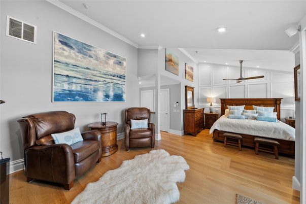 Bedroom, Interior, Recessed Lighting, Wood Texture Flooring