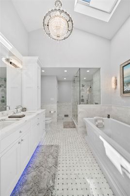 Bathroom, Chandelier, Dual Sink Vanities, Glass Shower, Interior, Recessed Lighting