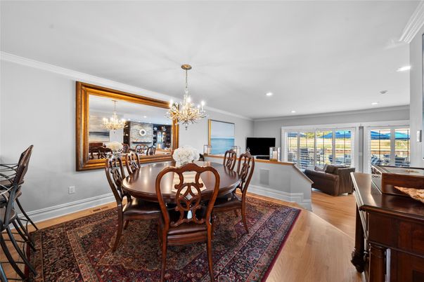 Chandelier, Dining room, Interior, Recessed Lighting, Wood Texture Flooring