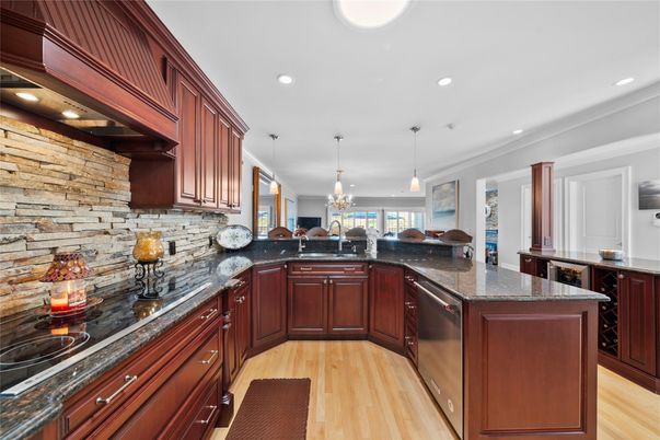 Interior, Kitchen, Pendant Lights, Recessed Lighting, Stone Walls, Wood Texture Flooring