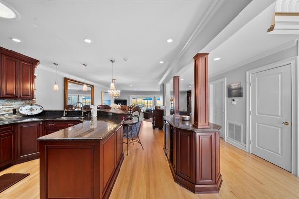 Chandelier, Interior, Kitchen, Pendant Lights, Recessed Lighting, Wood Texture Flooring