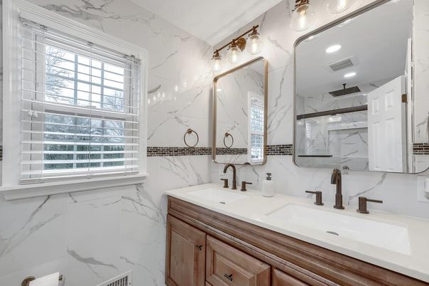 Bathroom, Dual Sink Vanities, Interior, Marble Walls, Recessed Lighting