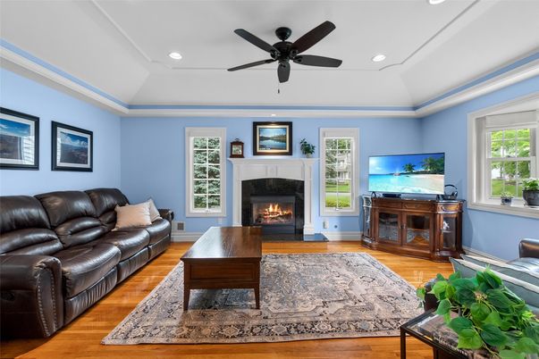Fireplace, Interior, Living room, Recessed Lighting, Wood Texture Flooring
