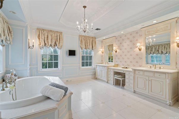Bathroom, Chandelier, Dual Sink Vanities, Interior, Recessed Lighting