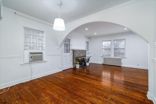 Empty room, Fireplace, Interior, Pendant Lights, Recessed Lighting, Wood Texture Flooring