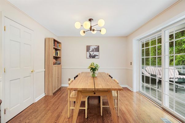 Dining room, Interior, Pendant Lights, Wood Texture Flooring