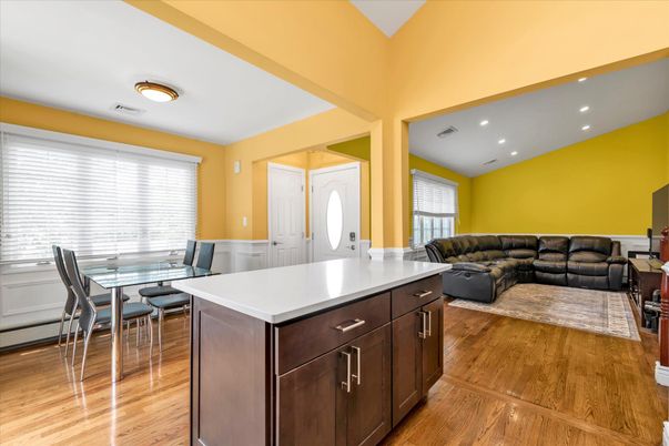 Dining room, Interior, Kitchen, Living room, Recessed Lighting, Wood Texture Flooring