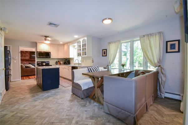 Dining room, Interior, Kitchen, Living room, Recessed Lighting, Wood Texture Flooring
