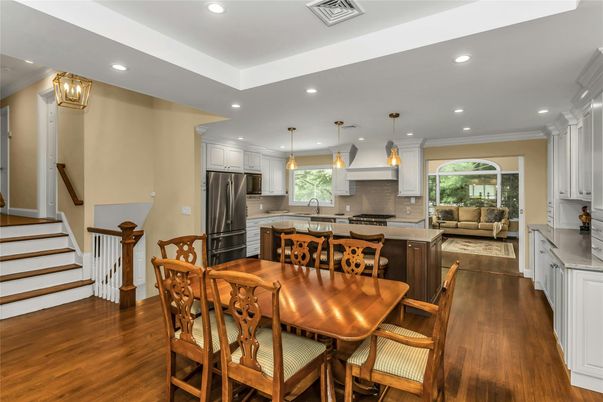Dining room, Interior, Kitchen, Living room, Pendant Lights, Recessed Lighting, Stainless Steel Appliances, Wood Texture Flooring