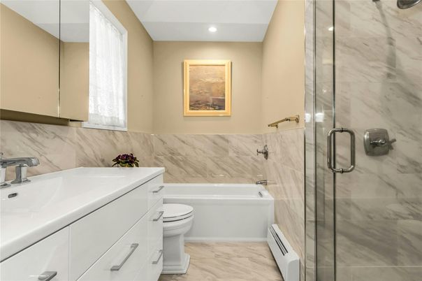 Bathroom, Glass Shower, Interior, Marble, Marble Walls, Recessed Lighting