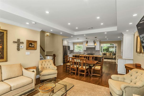 Dining room, Interior, Kitchen, Living room, Pendant Lights, Recessed Lighting, Stainless Steel Appliances, Wood Texture Flooring