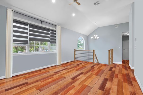 Chandelier, Empty room, Interior, Recessed Lighting, Wood Texture Flooring