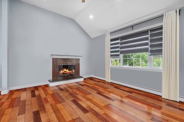 Empty room, Fireplace, Interior, Recessed Lighting, Wood Texture Flooring
