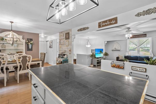 Dining room, Interior, Kitchen, Pendant Lights, Wood Texture Flooring