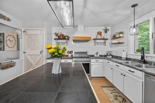 Interior, Kitchen, Pendant Lights, Stainless Steel Appliances, Wood Texture Flooring