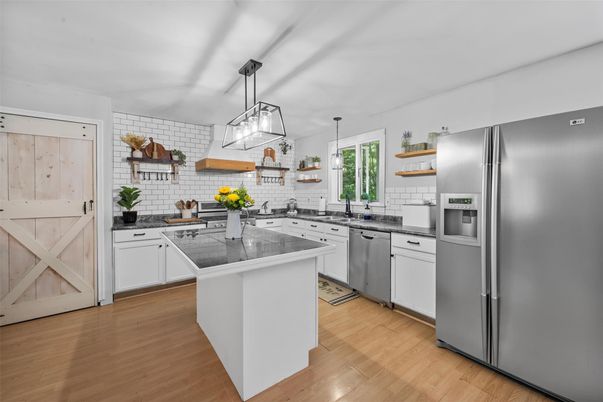 Interior, Kitchen, Pendant Lights, Stainless Steel Appliances, Wood Texture Flooring