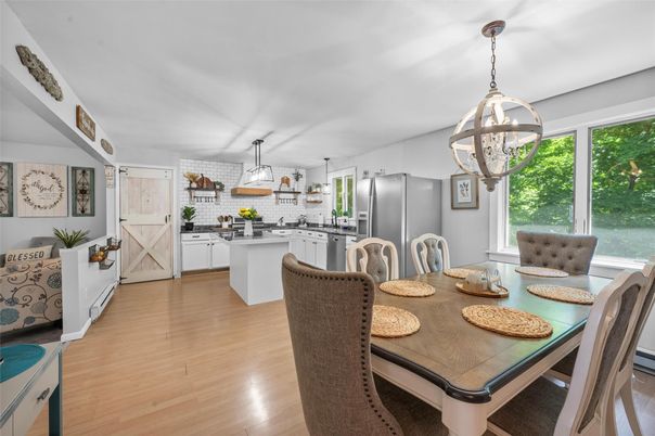 Dining room, Interior, Kitchen, Pendant Lights, Wood Texture Flooring