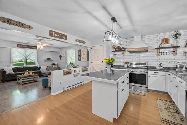Interior, Kitchen, Living room, Pendant Lights, Stainless Steel Appliances, Wood Texture Flooring