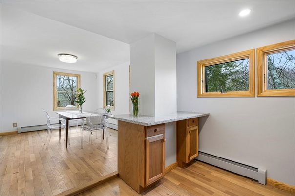 Dining room, Interior, Recessed Lighting, Wood Texture Flooring