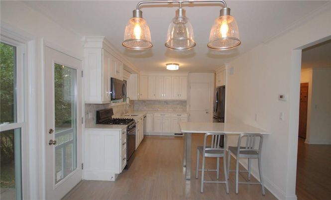 Interior, Kitchen, Pendant Lights, Stainless Steel Appliances, Wood Texture Flooring