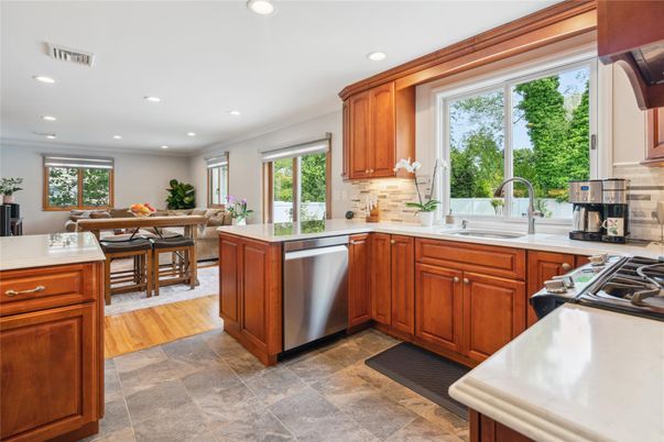 Dining room, Interior, Kitchen, Recessed Lighting, Stainless Steel Appliances, Wood Texture Flooring