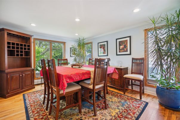 Dining room, Interior, Recessed Lighting, Wood Texture Flooring