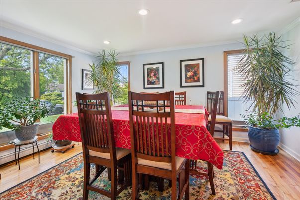 Dining room, Interior, Recessed Lighting, Wood Texture Flooring
