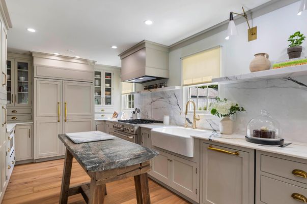 Interior, Kitchen, Marble Walls, Recessed Lighting, Stainless Steel Appliances, Wood Texture Flooring