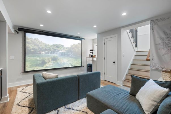 Interior, Living room, Projection Screen, Recessed Lighting, Wood Texture Flooring