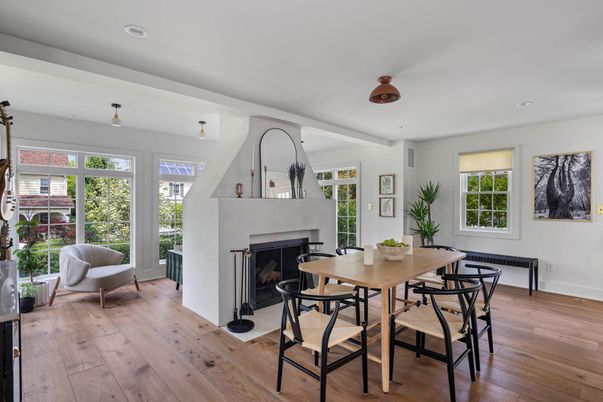 Dining room, Fireplace, Interior, Recessed Lighting, Wood Texture Flooring