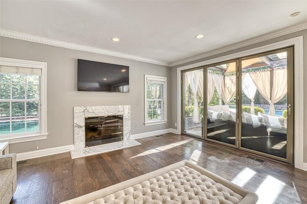 Fireplace, Interior, Recessed Lighting, Wood Texture Flooring