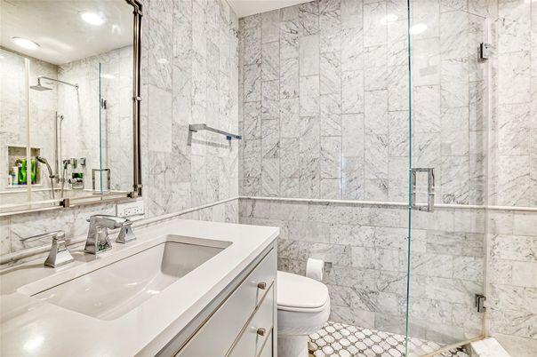 Bathroom, Glass Shower, Interior, Marble Walls, Recessed Lighting
