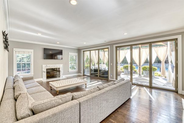 Fireplace, Interior, Living room, Recessed Lighting, Wood Texture Flooring