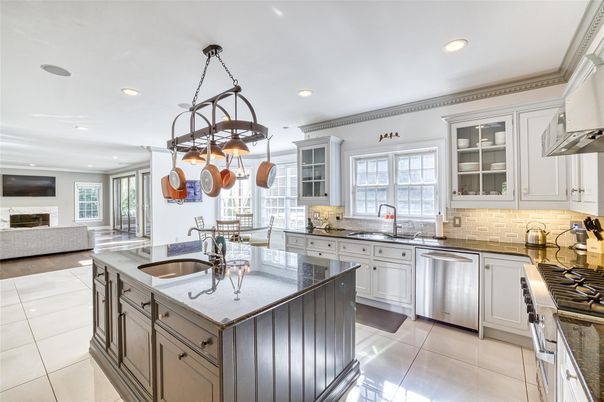 Fireplace, Interior, Kitchen, Pendant Lights, Recessed Lighting, Stainless Steel Appliances