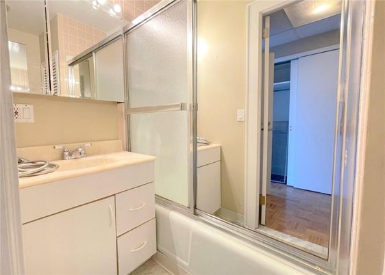 Bathroom, Glass Shower, Interior, Wood Texture Flooring