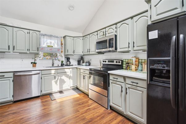Interior, Kitchen, Recessed Lighting, Stainless Steel Appliances, Wood Texture Flooring