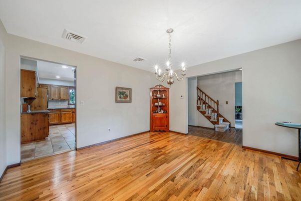 Chandelier, Empty room, Interior, Kitchen, Recessed Lighting, Wood Texture Flooring