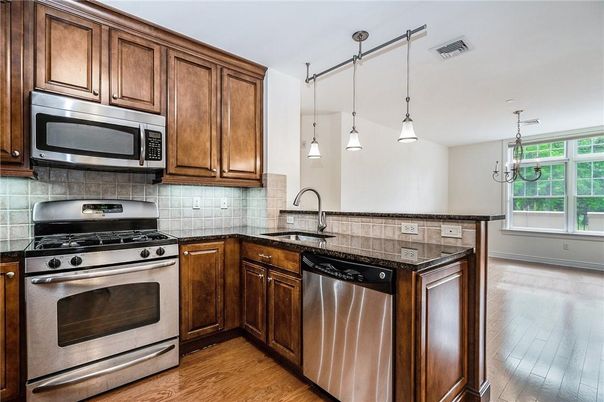 Interior, Kitchen, Pendant Lights, Stainless Steel Appliances, Wood Texture Flooring