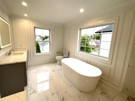 Bathroom, Free Standing Baths, Interior, Marble, Recessed Lighting