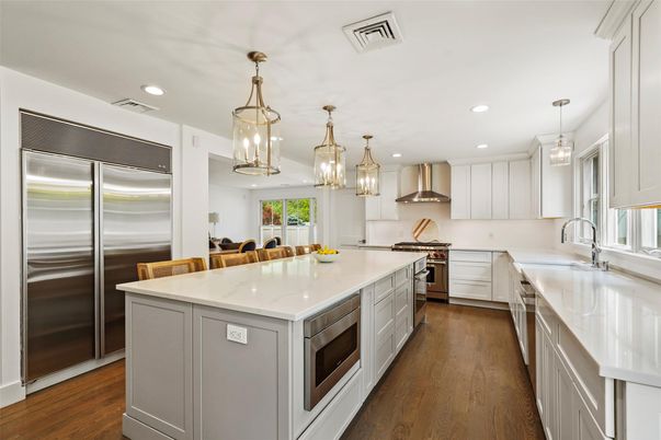Interior, Kitchen, Pendant Lights, Recessed Lighting, Stainless Steel Appliances, Wood Texture Flooring