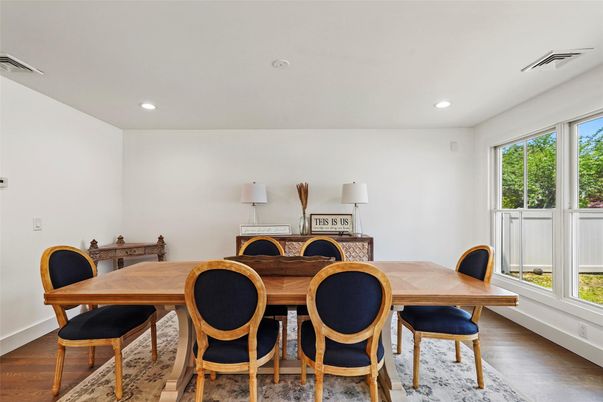 Dining room, Interior, Recessed Lighting, Wood Texture Flooring