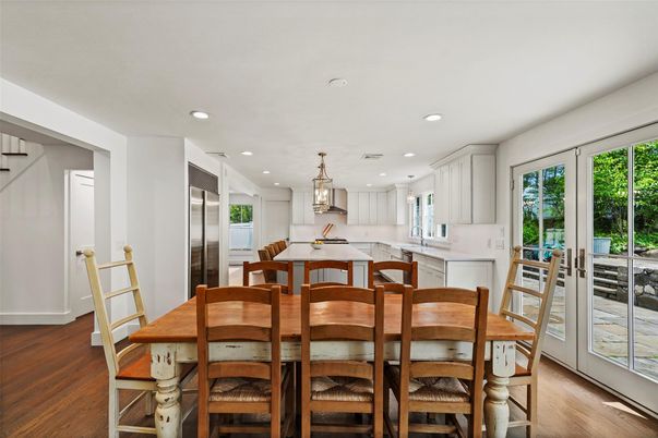 Dining room, Interior, Kitchen, Pendant Lights, Recessed Lighting, Wood Texture Flooring