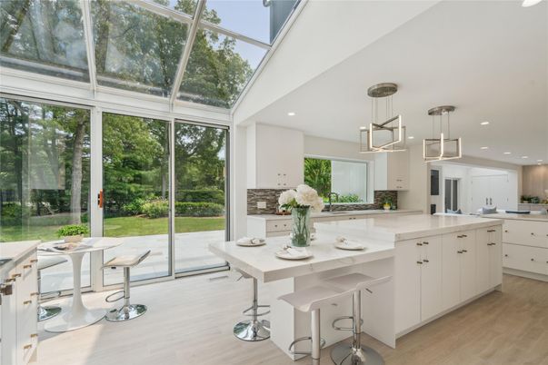 Glass Ceilings, Interior, Kitchen, Pendant Lights, Recessed Lighting, Sun Room, Wood Texture Flooring