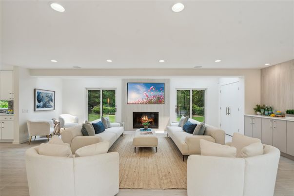 Fireplace, Interior, Living room, Recessed Lighting, Wood Texture Flooring