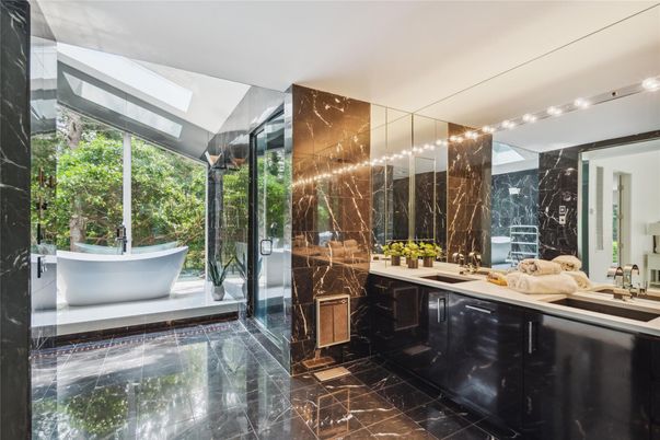 Bathroom, Free Standing Baths, Glass Shower, Interior, Marble, Marble Walls