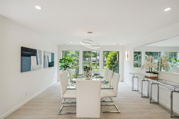 Dining room, Interior, Pendant Lights, Recessed Lighting, Wood Texture Flooring