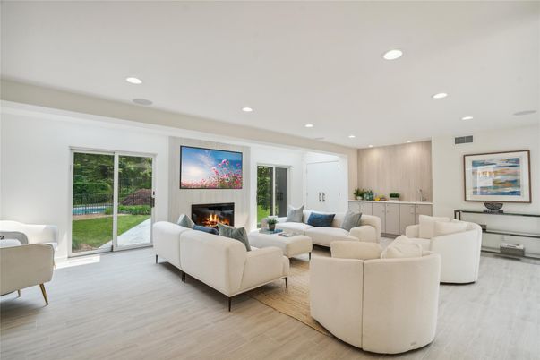 Fireplace, Interior, Living room, Recessed Lighting, Wood Texture Flooring