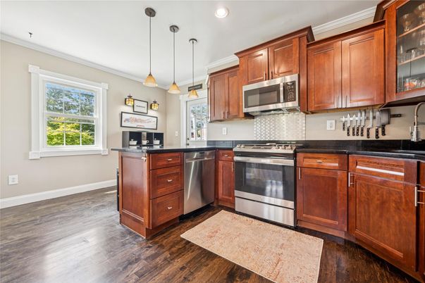 Interior, Kitchen, Pendant Lights, Recessed Lighting, Stainless Steel Appliances, Wood Texture Flooring