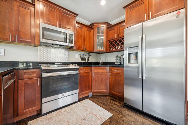 Interior, Kitchen, Recessed Lighting, Stainless Steel Appliances, Wood Texture Flooring